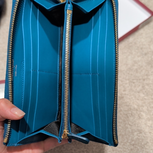 Salvatore Ferragamo Teal Leather Wallet with Gold Bow Accent